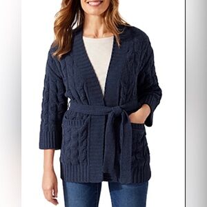 New Tommy Bahama Seascape Cozy Knit Navy Blue Belted Cardigan Small